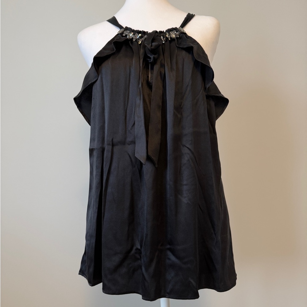 Hale Bob Silk Black Ruffle Sleeveless Blouse Size L